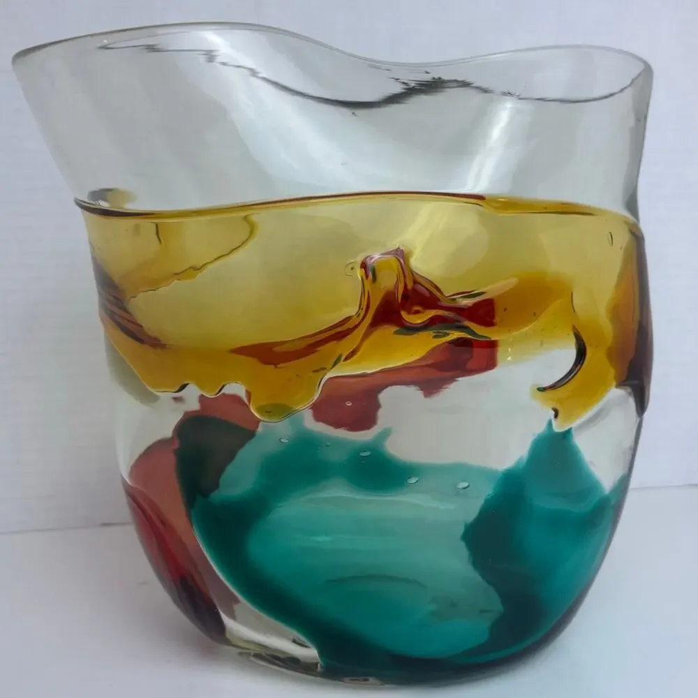 Vintage Blown Glass Vase Clear with Multi Color Swirls Beautiful!